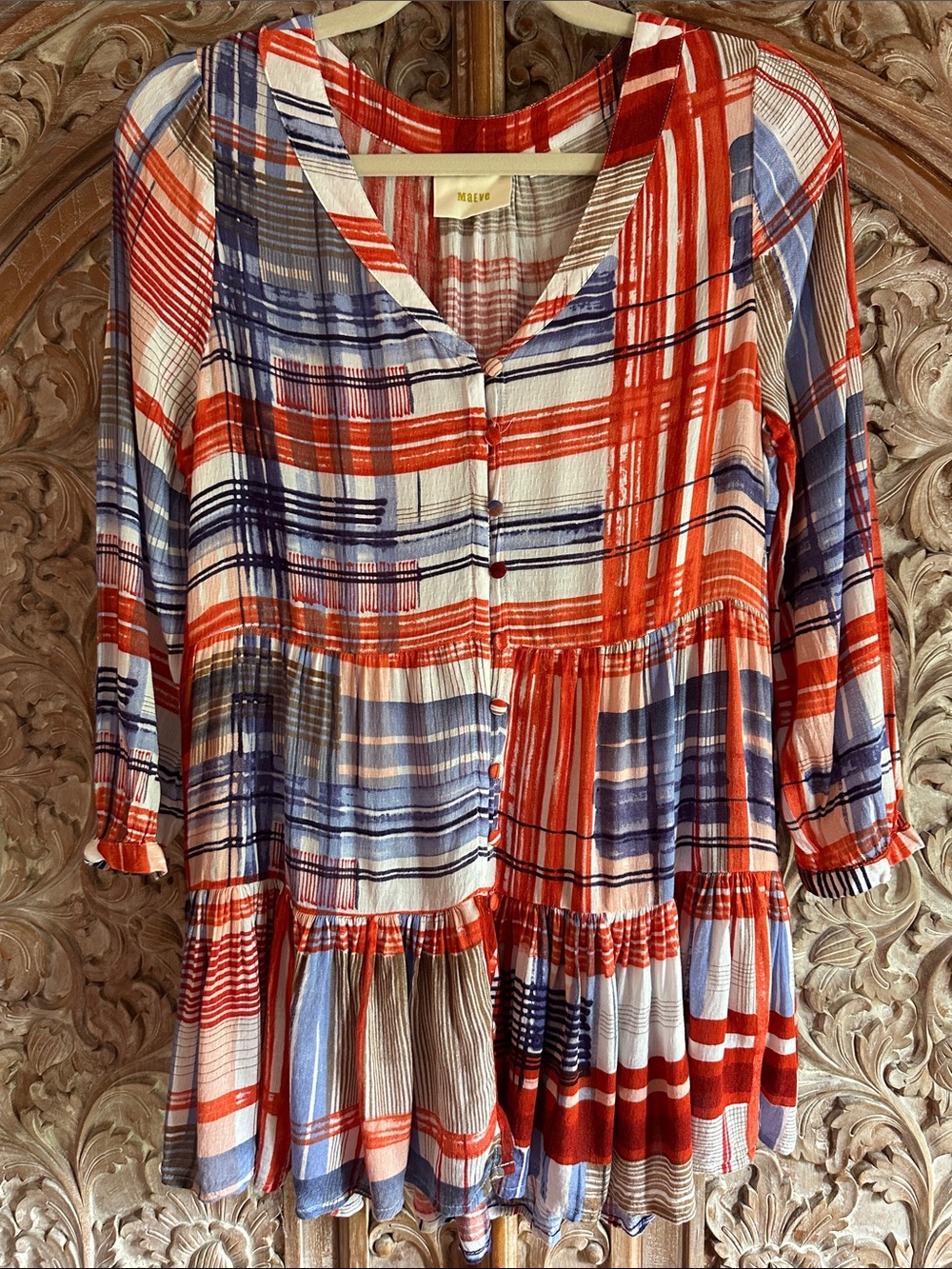Anthropologie Red, Blue & White Plaid Tiered Button-Front Tunic